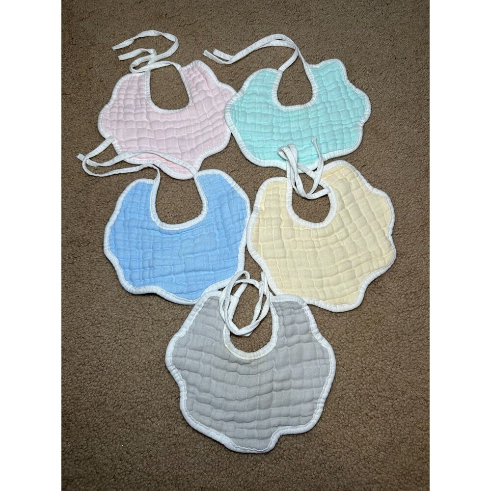 5 Scallop Edge, Pastel Color, Muslin Material Baby Bibs, White Trim, 100% Cotton